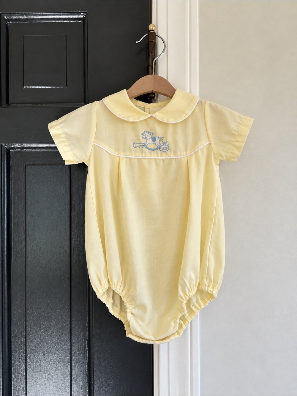 Vintage Alexis Baby 3M Yellow Rocking Horse Embroidered Bubble Romper USA